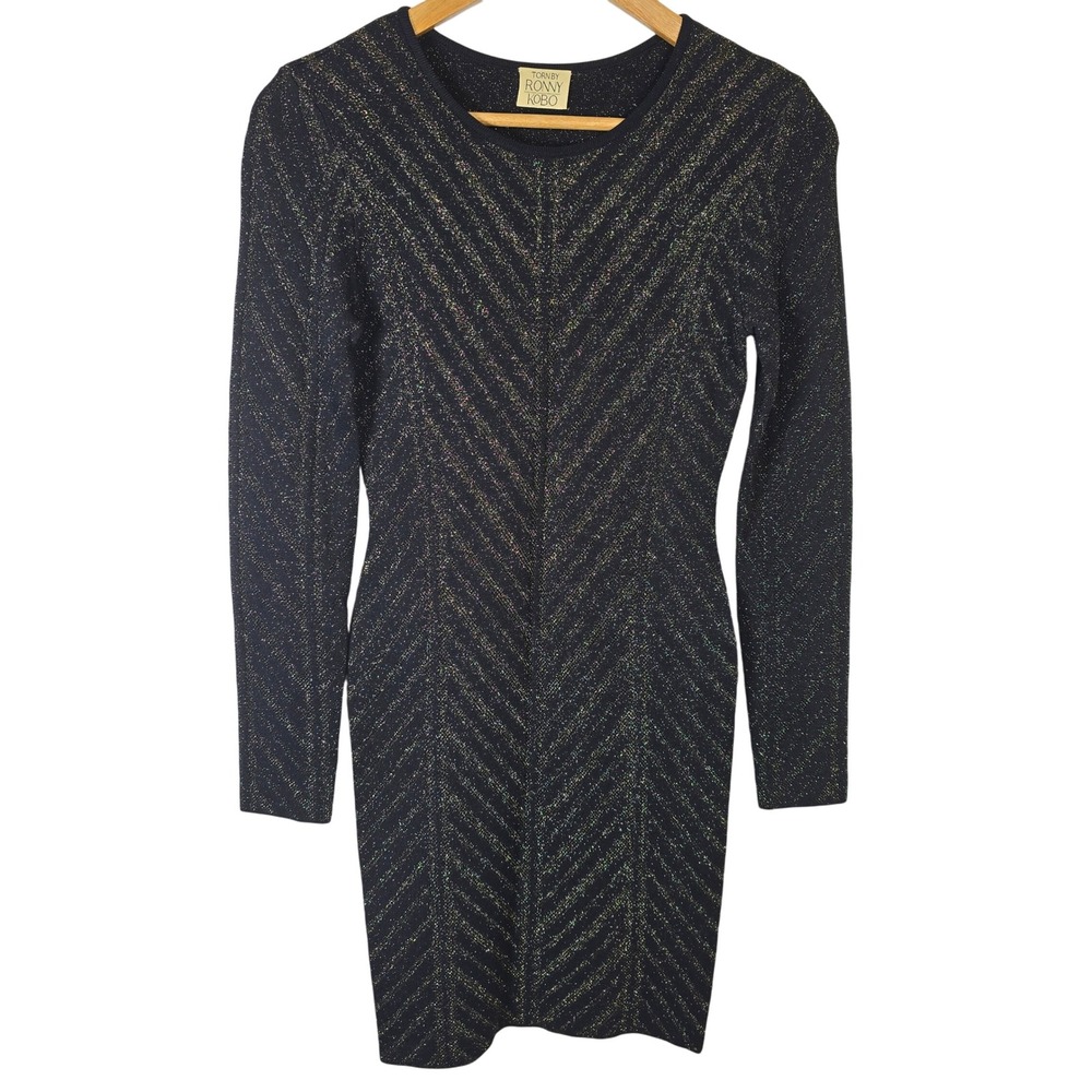 Torn by Ronny Kobo Black Gold Chevron Knit Long Sleeve Mini Dress Size S
